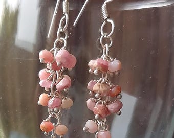 Sterling Silver Pink Opal Cluster Dangle Earrings, Boho Gemstone Beaded Jewelry