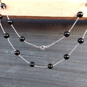 Dainty gemstone beads necklace, birthday gift for her, black onyx stone round beaded sterling silver chain necklace, black onyx boho choker