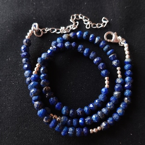 Natural lapis lazuli gemstone necklace, lapis lazuli  beads choker, lapis lazuli rondelle beaded sterling silver necklace, anniversary gift
