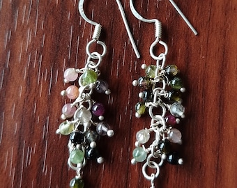 Sterling Silver Tourmaline Cluster Earrings, Boho Dangle