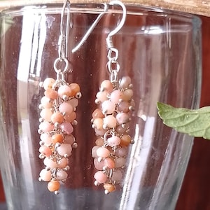 Pink opal Sterling silver beads cluster earring, gift for her, pink opal faceted rondelle dangle earrings, boho earring, birthstone earrings