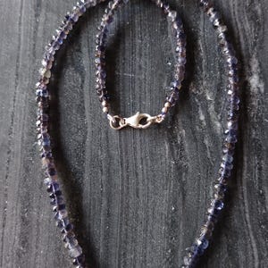 May include: A silver necklace with a clasp fastening, made with small, faceted, dark purple gemstones.