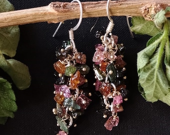 Tourmaline Gemstone Cluster Earrings, Sterling Silver Boho Dangle