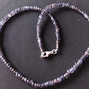 May include: A silver chain necklace with small, dark blue gemstone beads.