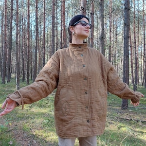 Women Quilted Cotton Coat, Cossack Green Jacket, Handmade Coat, Cold Protective Coat, Forest Style Outfit, Unique Coat, Nature Cotton Coat