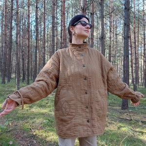 Women Quilted Cotton Coat, Cossack Green Jacket, Handmade Coat, Cold Protective Coat, Forest Style Outfit, Unique Coat, Nature Cotton Coat