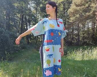 Magic Women Patchwork Fairy Dress, Unique Dress, Summer Cotton Dress, Blue Rustic Dress, Multicolor Dress, Handmade Folk Women Outfit