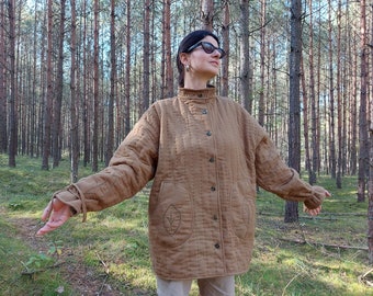 Women Quilted Cotton Coat, Cossack Green Jacket, Handmade Coat, Cold Protective Coat, Forest Style Outfit, Unique Coat, Nature Cotton Coat