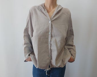 Italian Ladies Beige Hooded Shirt High Quality Solid Cotton Aesthetic Buttons Adjustable Bottom Grey Light Hoodie Perfect Gift One Size