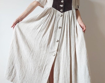 Alpenstil Beige Linen Ladies Dress, Well Divat Dirndl, Traditional Long Shift, Heavy Pleated Gown, Folk Silver Buttons Frock, Size 44, XL