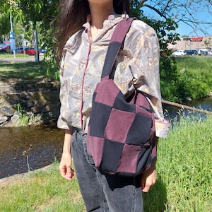 Chessboard Tote Bag: Upcycled Vintage Fabric, Zippered Purple Shoulder Bag