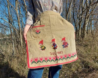Aesthetic Rare Linen Apron, Raw Flax Multicolored Pinafore, Vintage 1983 Pinner, Great Cover, Echo of the Past, Wool Embroidery, Cute Pinny