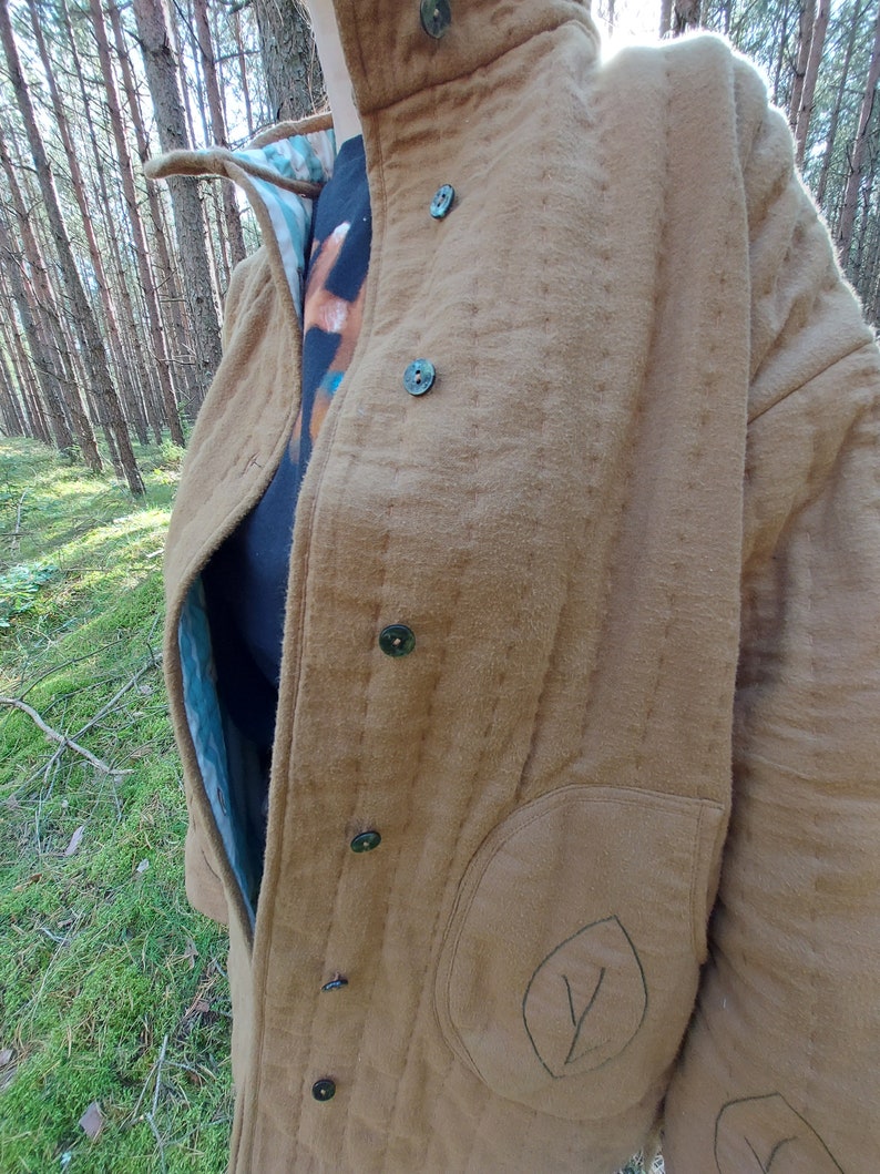 Women Quilted Cotton Coat, Cossack Green Jacket, Handmade Coat, Cold Protective Coat, Forest Style Outfit, Unique Coat, Nature Cotton Coat