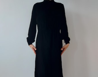 Vintage terciopelo negro mujeres vestido de seda, vestido de mangas largas, traje de terciopelo midi, vestido de noche elegante, hermoso vestido de noche único tamaño M