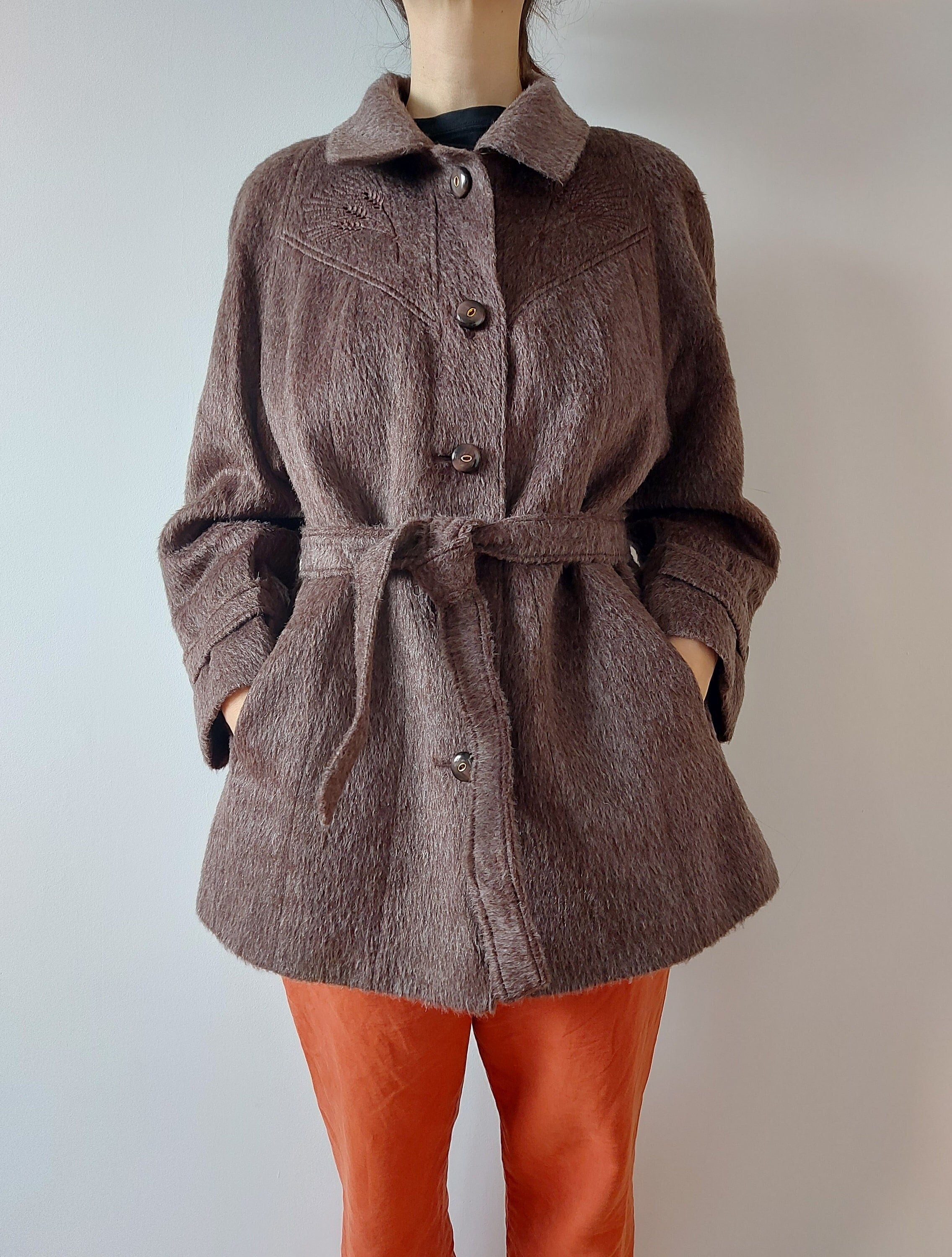 Vintage Llama Wool Women's Coat, Rare German Brown Wool Jacket, Adler Calw Llama, Super de Luxe, Unique Warm Women Viscose Outfit, Size M