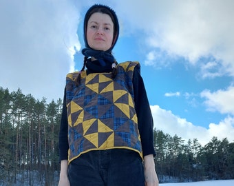 Women Patchwork Cotton Warm Vest, Boho Vest, Warm Hippie Vest, Multicolor Vest, Upcycled, Unique, Yellow Jacket, Blue Jacket