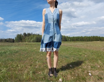 Punk Patchwork Geometric Dress, Unique Jeans Apparel, Summer Heaven Sundress, Blue Denim Outfit, Multicolor Women Dress, Handmade Sarafan