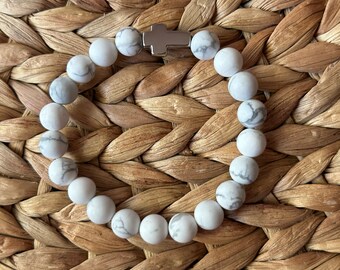 White Howlite Matte Beaded Cross Bracelet