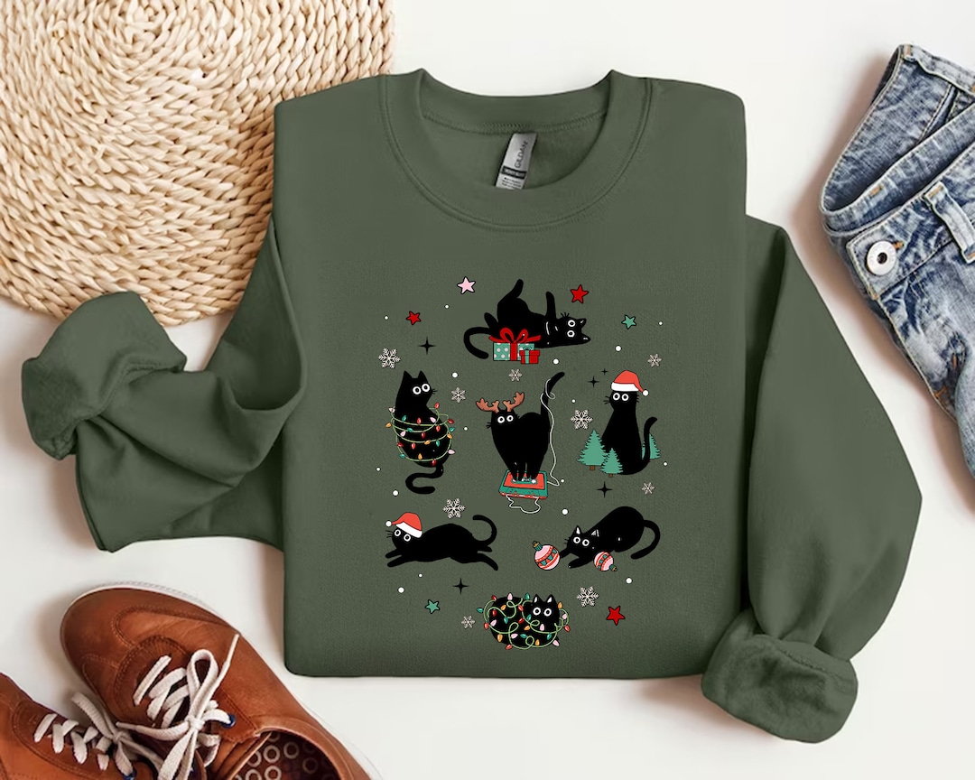 S130christmas Black Cat Sweatshirt,black Cat Christmas Shirt,kitten