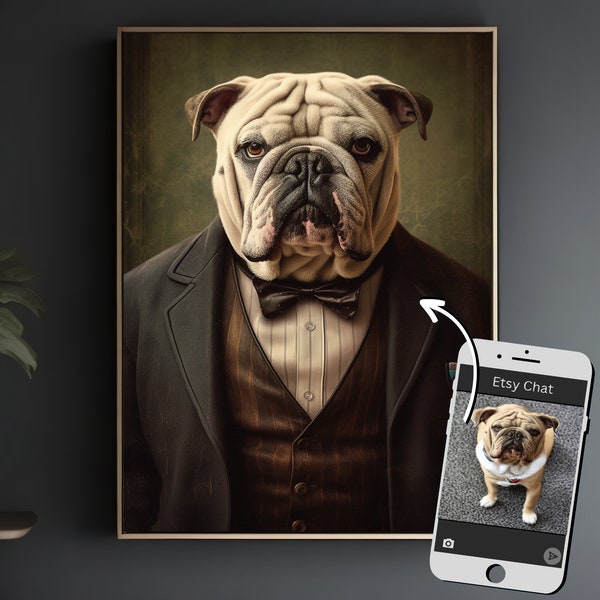 Retrato personalizado para mascotas, retrato de perro personalizado, Animal en traje, pintura para mascotas, arte para amantes de los perros, regalo para mascotas, regalo personalizado, animales en ropa