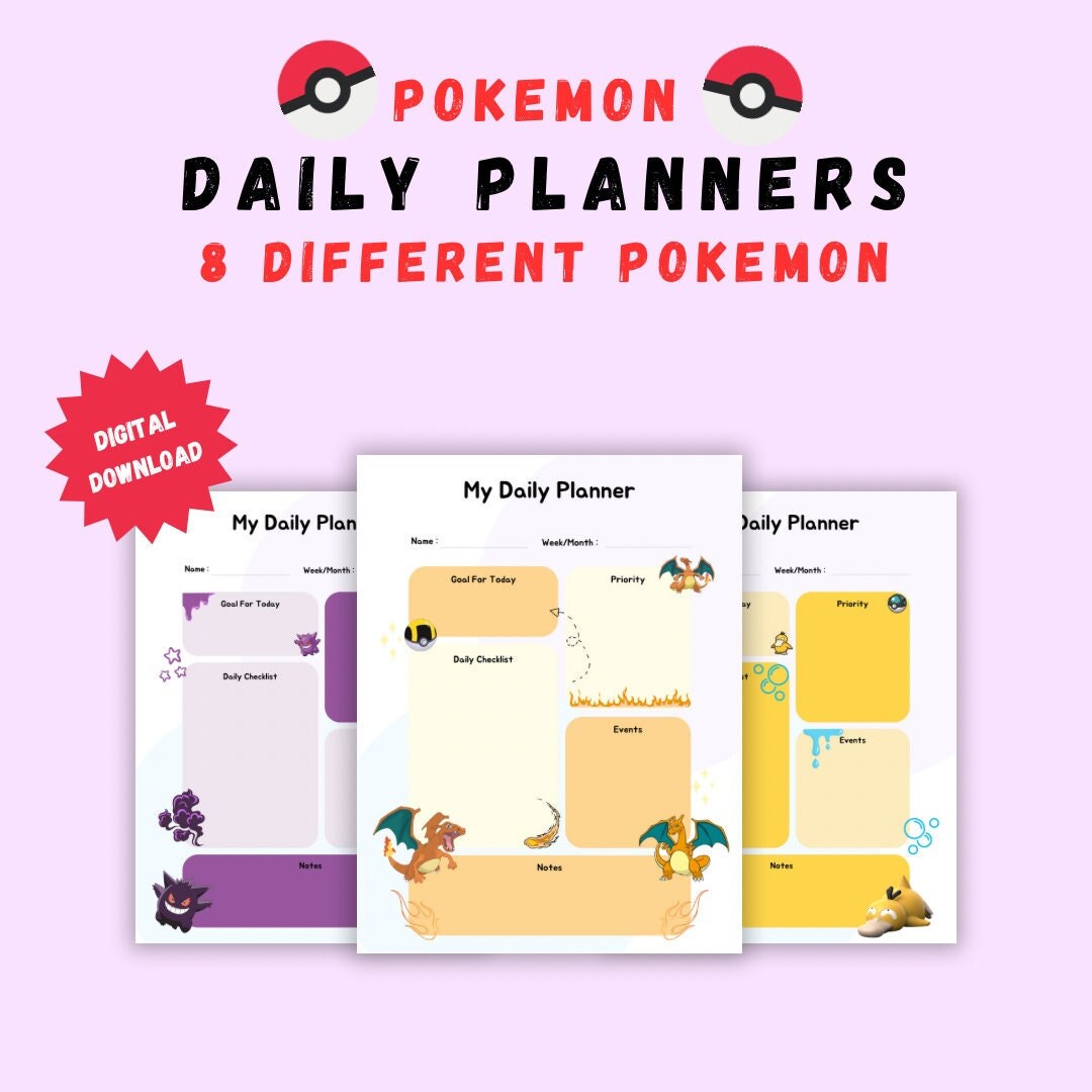 Pokémon Daily Planner BUNDLE 8 Pokémon Charizard, Pikachu, Psyduck
