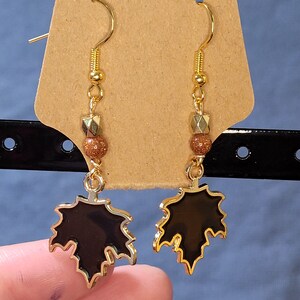 Fall lovers earrings: brown maple leaf with stones