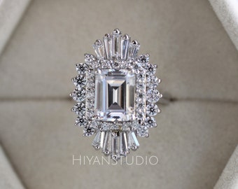 4 Carat Emerald Cut Moissanite Rings For Women, Starburst Engagement Ring, Vintage Emerald Cluster Diamond Wedding Ring, Anniversary Ring