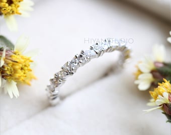 Marquise & Round Cut Moissanite Wedding Band, Dainty Diamond Half Eternity Stackable Band, Vintage Diamond Band, Anniversary Band