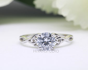 14k White Gold Celtic Engagement Ring, Unique Round Cut Moissanite Engagement Ring, Vintage Trinity Love Knot Ring, Anniversary Ring