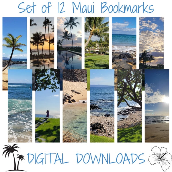 12 Hawaii digital Bookmarks Maui photo Hawaiian bookmarks Beach Palm trees Ocean Sea Turtles Sunsets