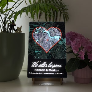 Wo alles begann 3D Lampe personalisiert, Stadtplan mit Herz (Europa),  Hochzeits, und Verlobungsgeschenk, Kennenlerntag, Wand,- Tischlampe