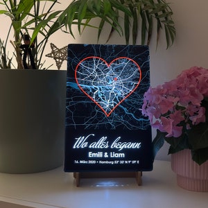 Wo alles begann 3D Lampe personalisiert, Stadtkarte mit Herz (Deutschland), Hochzeits,- Verlobungsgeschenk, Kennenlerntag, Wand,- Tischlampe