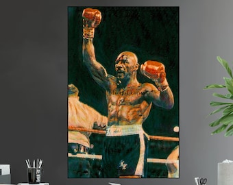 May include: A painting of a boxer raising his arms in victory. He is wearing red boxing gloves and a black and white boxing uniform. The background is a dark green and black.