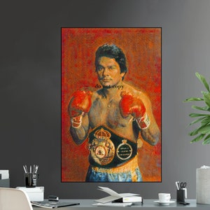 May include: A painting of a boxer wearing red boxing gloves and a championship belt. The boxer is wearing blue shorts and has a serious expression on his face. The background is a red and orange color.