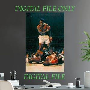 Puede incluir: Una ilustración de estilo vintage de un combate de boxeo. Un boxeador con pantalones cortos rojos y guantes blancos está mostrado dando un puñetazo a otro boxeador que está tirado en la lona. El fondo es un ring de boxeo con una multitud de espectadores.