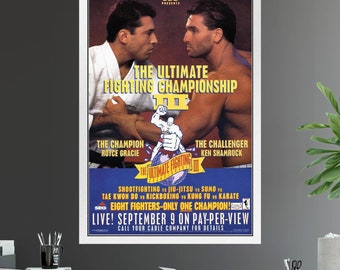 May include: A poster advertising The Ultimate Fighting Championship III, featuring Royce Gracie and Ken Shamrock. The poster has a blue background with white text and a red and white logo. The text reads "The Ultimate Fighting Championship III", "The Champion Royce Gracie", "The Challenger Ken Shamrock", "Live! September 9 on Pay-Per-View", and "Call your cable company for details".