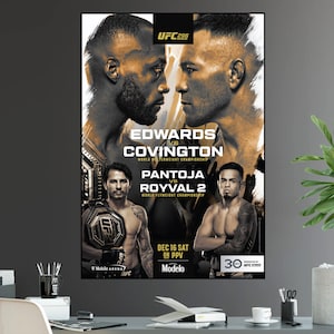 May include: A poster advertising UFC 296 with Leon Edwards and Kamaru Usman facing off in the main event. The poster also features a fight between Deiveson Figueiredo and Brandon Royval for the flyweight championship. The event is scheduled for December 16th and will be available on pay-per-view.