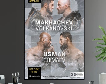 May include: UFC 294 poster featuring two mixed martial arts fighters, Islam Makhachev and Alexander Volkanovski, in a fight for the World Lightweight Championship. The poster also features a fight between Kamaru Usman and Khamzat Chimaev for the Middleweight Bout. The poster is set against a gray background with a white and black checkered pattern. The text on the poster is in white and black. The poster is presented by UFC Strike.