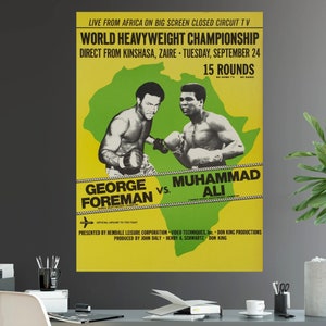 Póster de la pelea por el campeonato mundial de peso pesado indiscutible de Muhammad Ali contra George Foreman, impresión icónica del boxeo Rumble in the Jungle