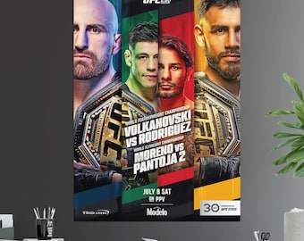 May include: A poster advertising UFC 290, featuring the main event fight between Alexander Volkanovski and Yair Rodriguez for the World Featherweight Championship, and the co-main event fight between Deiveson Figueiredo and Brandon Moreno for the World Flyweight Championship. The poster is red, green, and blue with the UFC logo and the fighters' names in white.
