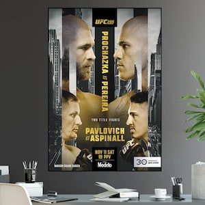 May include: A poster advertising UFC 295, a mixed martial arts event featuring two title fights:  Jiri Prochazka vs. Glover Teixeira and  Curtis Blaydes vs. Tom Aspinall. The event will take place on November 11th at Madison Square Garden in New York City. The poster features the fighters' faces against a backdrop of the New York City skyline.