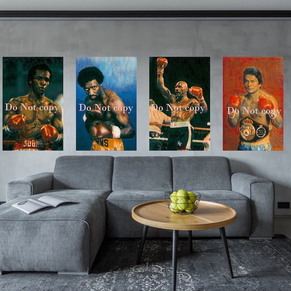 Icônes de boxe Sugar Ray Leonard Roberto Duran Marvin Hagler Thomas Hearns Fighter Series Two Four Kings of Boxing lot de 4 affiches d'art de boxe