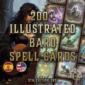 DnD 5e Bard Spell Cards afdrukbaar | Geïllustreerde magische PDF voor alle campagnes 2014–2024 | Invulbare spreukenboekpagina's | Digitale D&D-accessoire