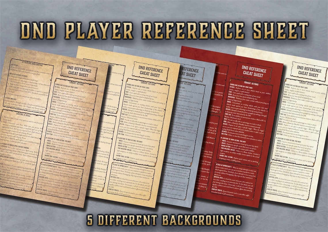 Dnd Player Reference Cheat Sheet Character Skill Cards 5th Edition ...
