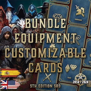 May include: A promotional image for customizable equipment cards. The image features a group of fantasy characters, with text overlayed that reads "BUNDLE EQUIPMENT CUSTOMIZABLE CARDS". The cards are blue with gold trim and icons.