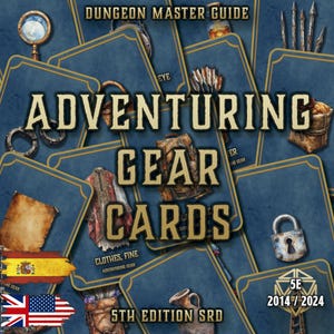 May include: A blue card game titled "Adventuring Gear Cards" with fantasy illustrations. The text "Dungeon Master Guide" and "5th Edition SRD" are visible. The cards feature images of gear and clothing, suitable for role-playing games.