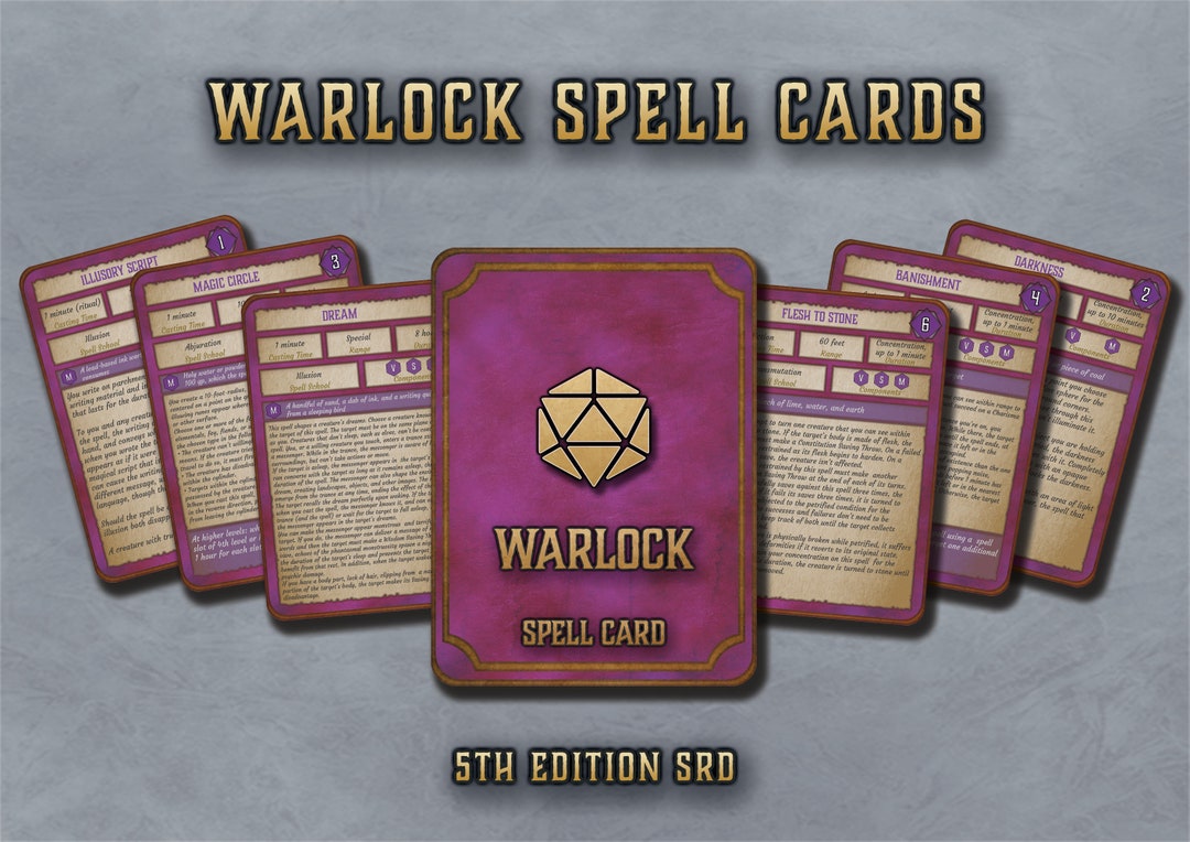 Dnd Warlock Spell Cards Character Spell Cards 5th Edition Board Game Printable D&D Accessory D&D