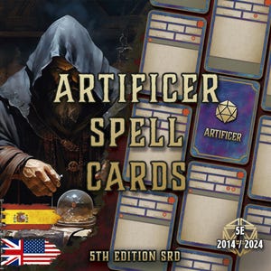 DnD 5E Artificer Spell Cards | Printable PDF | Fillable Spellbook | Accessories | Player Handbook | English and Spanish | 2014-2024
