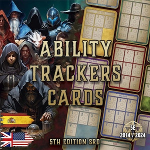 Puede incluir: Imagen de cartas de seguimiento de habilidades con ilustraciones de personajes de fantasía. Las cartas tienen rastreadores de espacios de hechizos. El texto de la imagen dice "Ability Trackers Cards" y "5th Edition SRD".