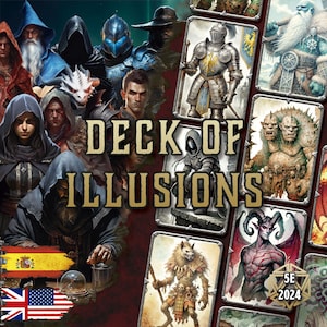May include: A fantasy-themed card deck titled "Deck of Illusions" with various character illustrations. The cards feature images of knights, wizards, and mythical creatures. The text "Deck of Illusions" is prominently displayed. The image also includes flags and the text "5E 2024".